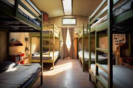 Well-lit hostel corridor with clean flooring and motivational posters